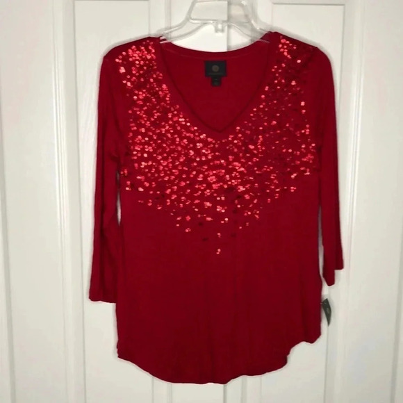 JM COLLECTION Red Embellished Top - Picture 1 of 6